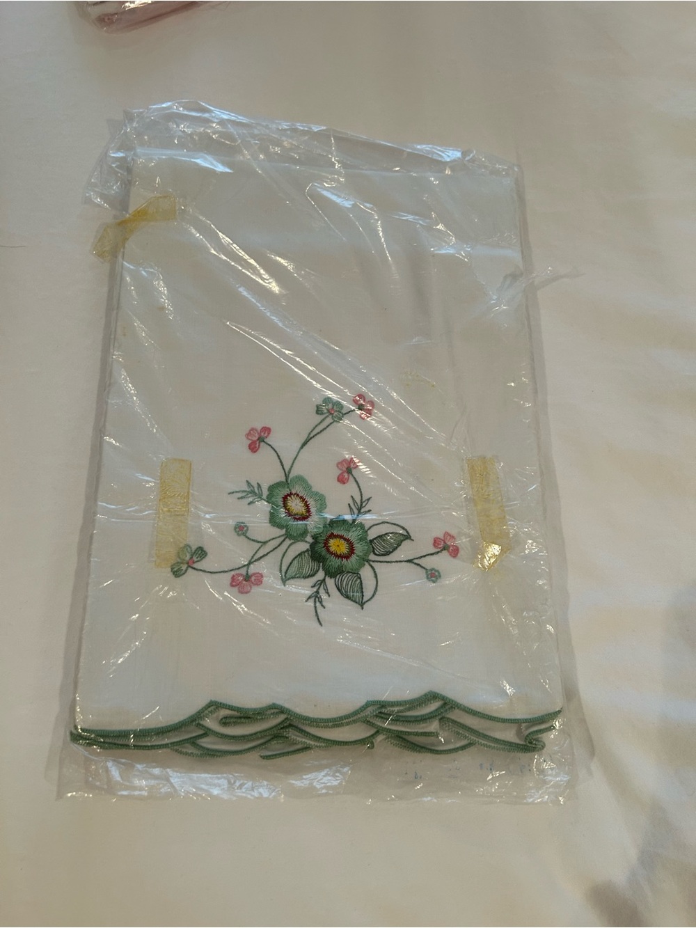 Vintage - Embroidered Floral Pillow Case Pair - Green & Pink Flower Motif (new)